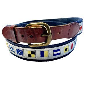 Leather Man Ltd Mens Nautical Flag Ribbon Brown Leather Belt Size 42 L Brass